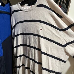 2 Tommy Hilfiger Long Sleeve White and Black and blue sweater.